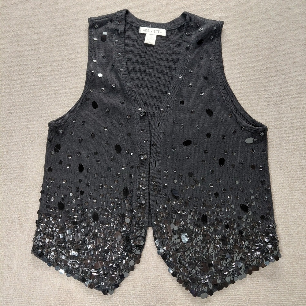 ARRIVISTE Vintage Black All Over Front Sequin Sweater Button Vest Women's SMALL